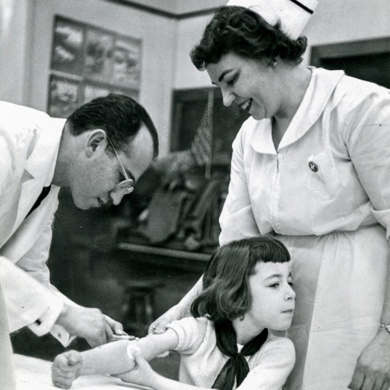 elementary students from five suburban schools were the first to be inoculated with the new Salk Polio vaccine